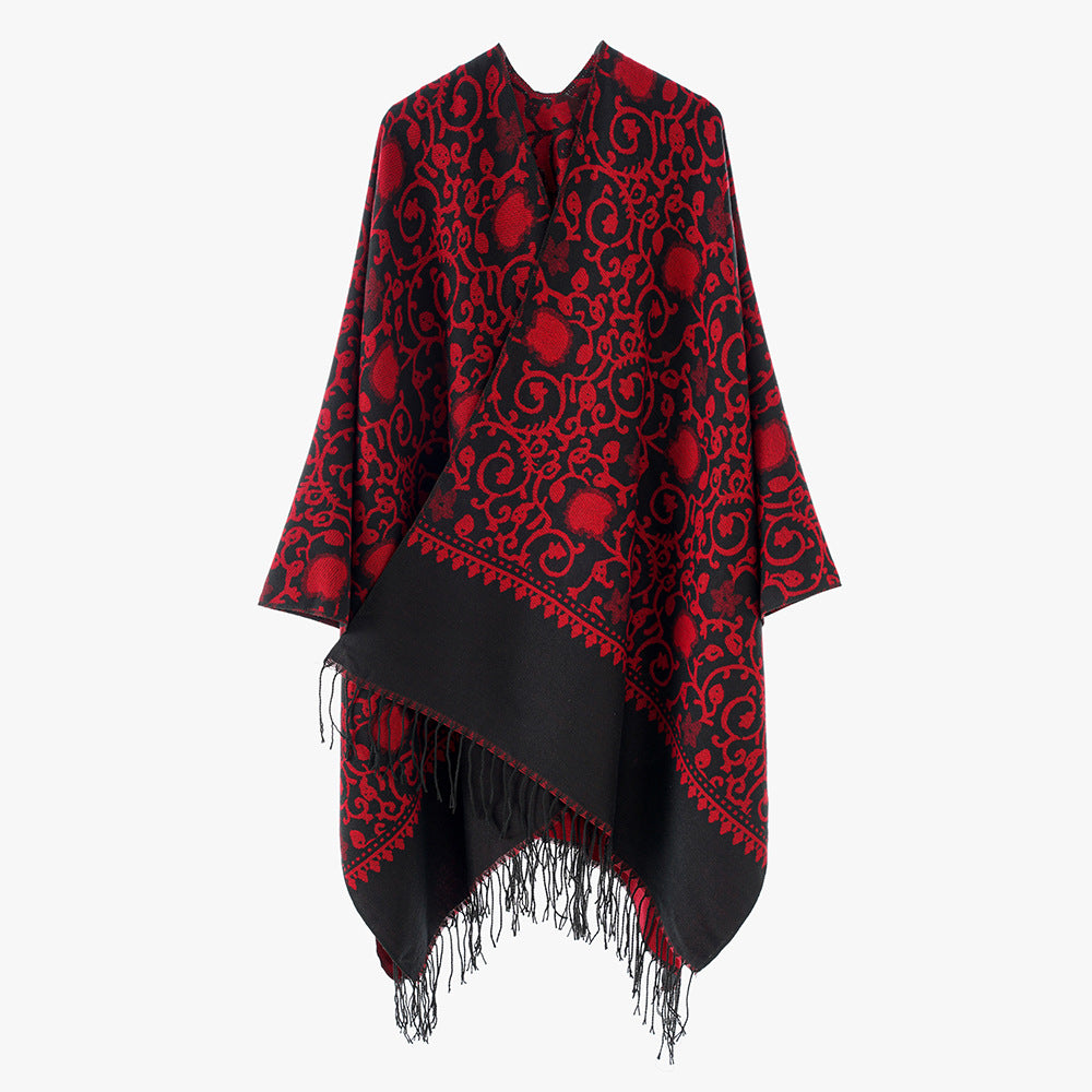 Damen Jacquard-Ruana mit ornamentalem Bordürenmuster und Fransensaum – Avérine