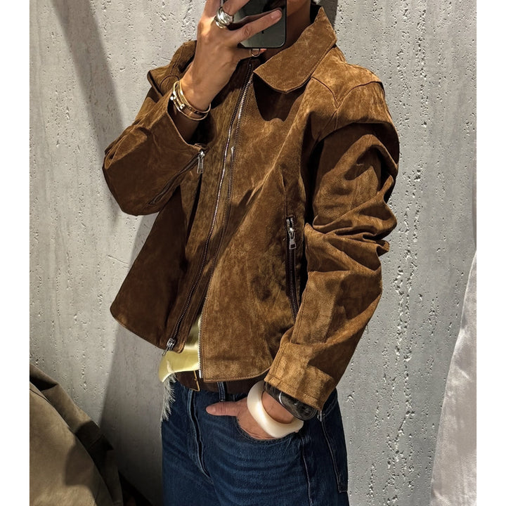 Damen Cropped Velourslederjacke mit Hemdkragen, Reißverschluss und Zipp-Taschen Echoarchiv