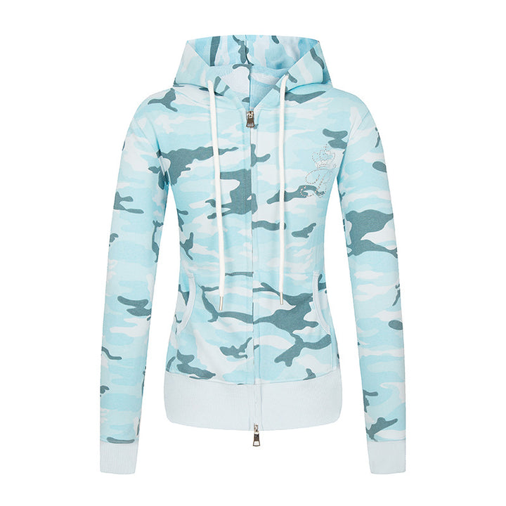 Damen Kapuzen-Sweatjacke mit zweiseitigem Reißverschluss, Camouflage-Print und Strass‑Schmetterling Echoarchiv