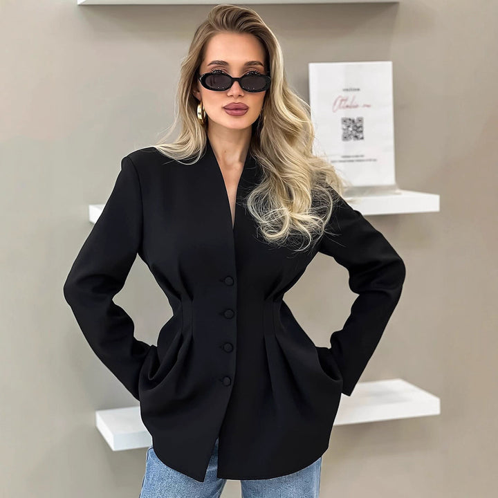 Damen nan figurbetonter Blazer mit Wiener Nähten, bezogenen Knöpfen und taillierter Falten-Silhouette Echo Archiv