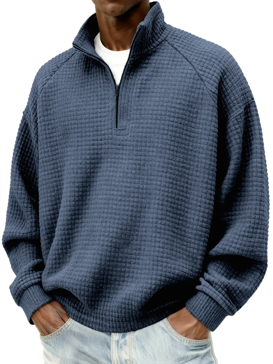 Herren Waffelstrick-Oversize-Pullover mit Halbreißverschluss und Stehkragen Echoarchiv