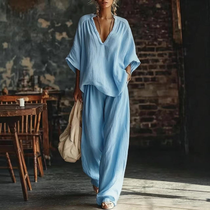 Damen nan lässiges zweiteiliges Leinenoptik-Set mit tiefem V-Ausschnitt, Oversize-Bluse und weitem Palazzo-Hosen Echo Archiv