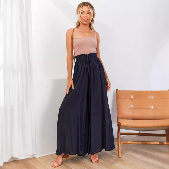 Frauen Hohe Taille Rüschen Elastischer Bund Weite Bein Strand Palazzo Hose mit Zugband und Seitentaschen – Avélisse