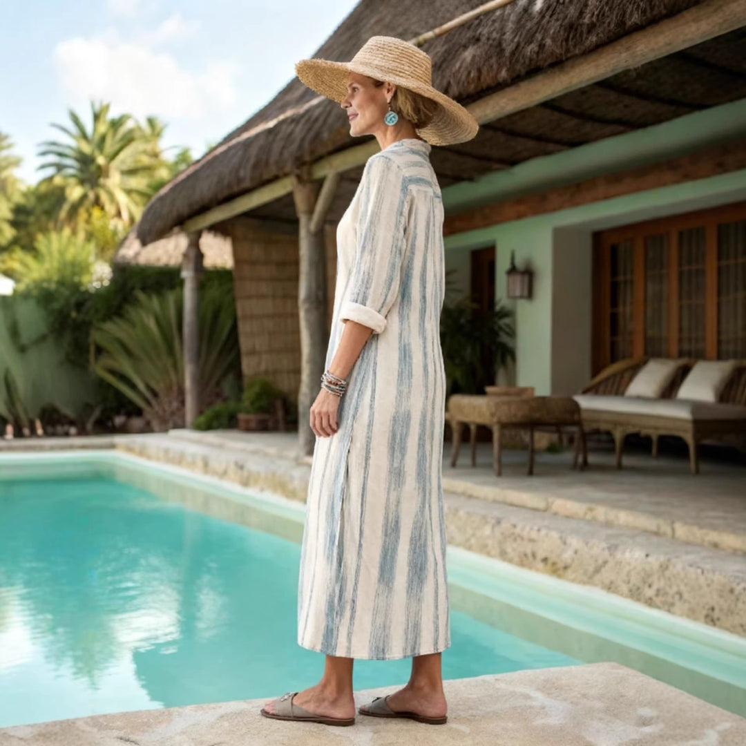 Damen Gestreiftes Hemdblusenkleid in Leinenoptik mit durchgehender Knopfleiste Echoarchiv
