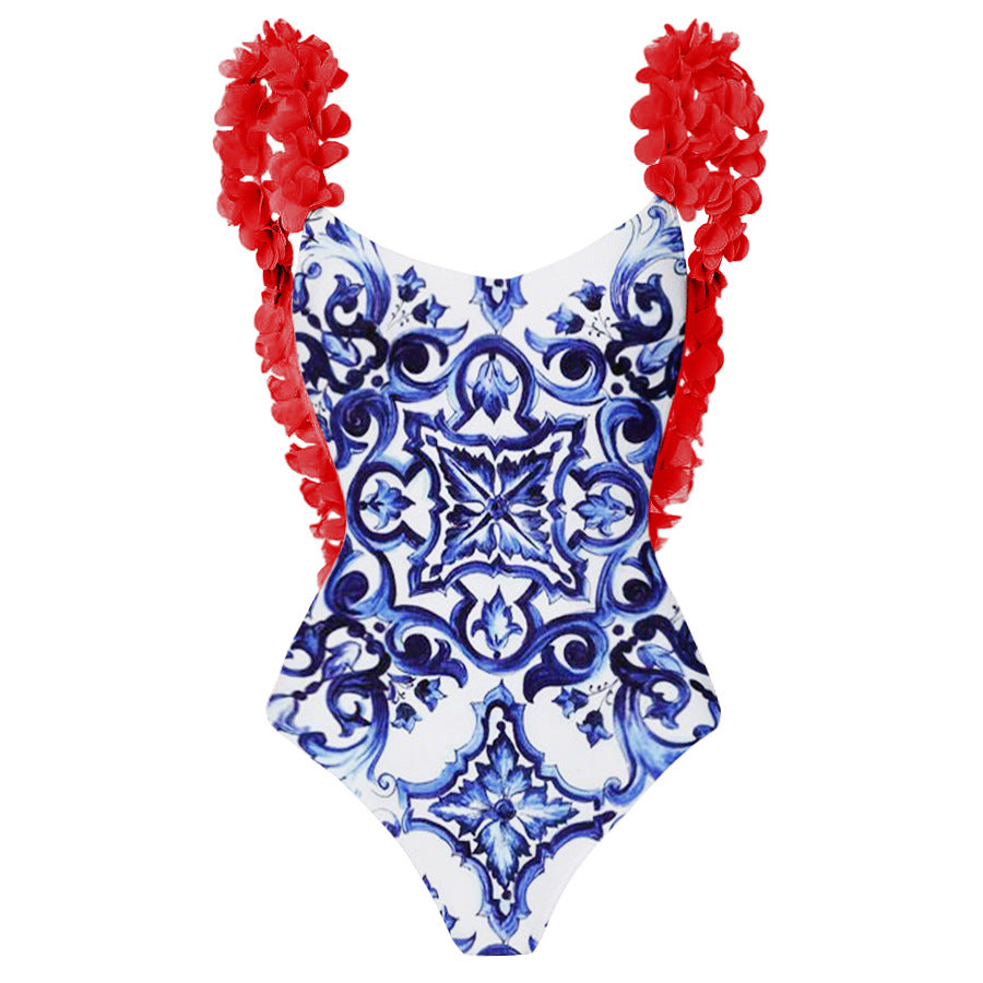 Damen eleganter Badeanzug mit Rüschendetails und passendem Maxirock Echo Archiv