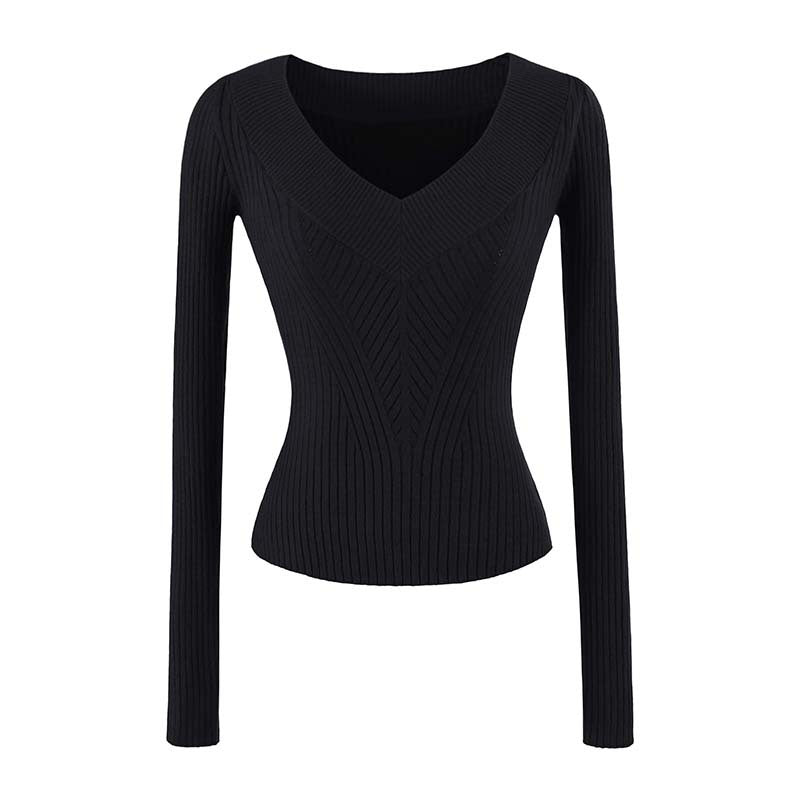 Damen Taillierter Rippstrick-Pullover mit V-Ausschnitt und formgebender Struktur Echoarchiv