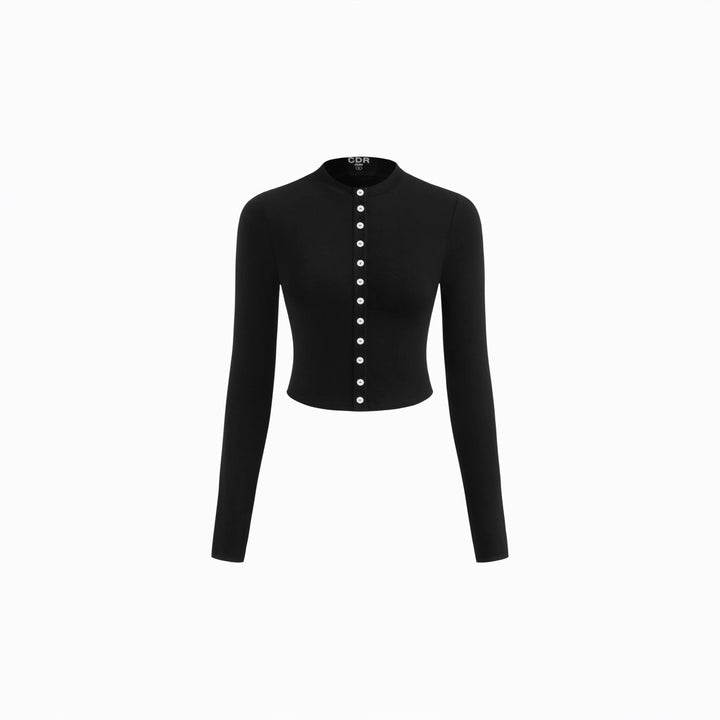 Damen Cropped-Cardigan mit Perlmuttknöpfen und asymmetrischem Zipfel-Midirock – Élanora