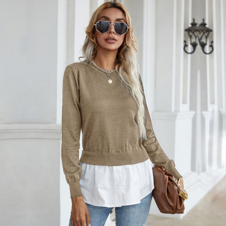 Damen Strickpullover mit eingearbeitetem Blusenbesatz und Doppel-Layer-Optik Echoarchiv