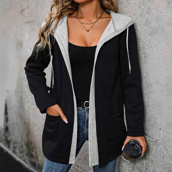 Damen Kapuzen-Longcardigan mit kontrastierter Kante und Eingrifftaschen – Veloura