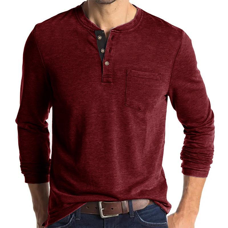 Herren Langarm-Henley-Shirt mit Knopfleiste und Brusttasche Echoarchiv