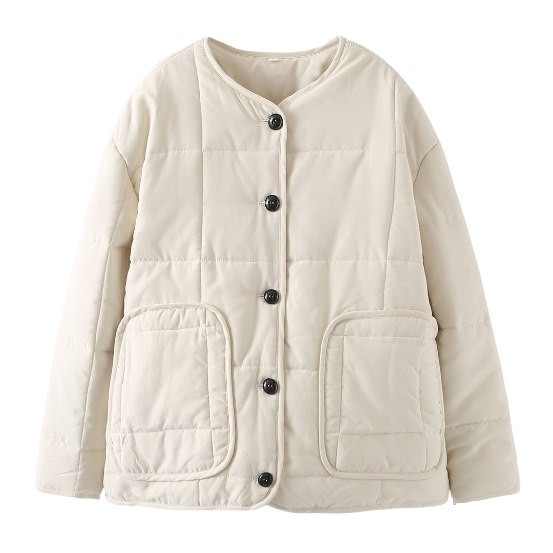 Damen gesteppte Kurzjacke mit Rundhalsausschnitt, großen Pattentaschen und leichter Thermofütterung – Célinea