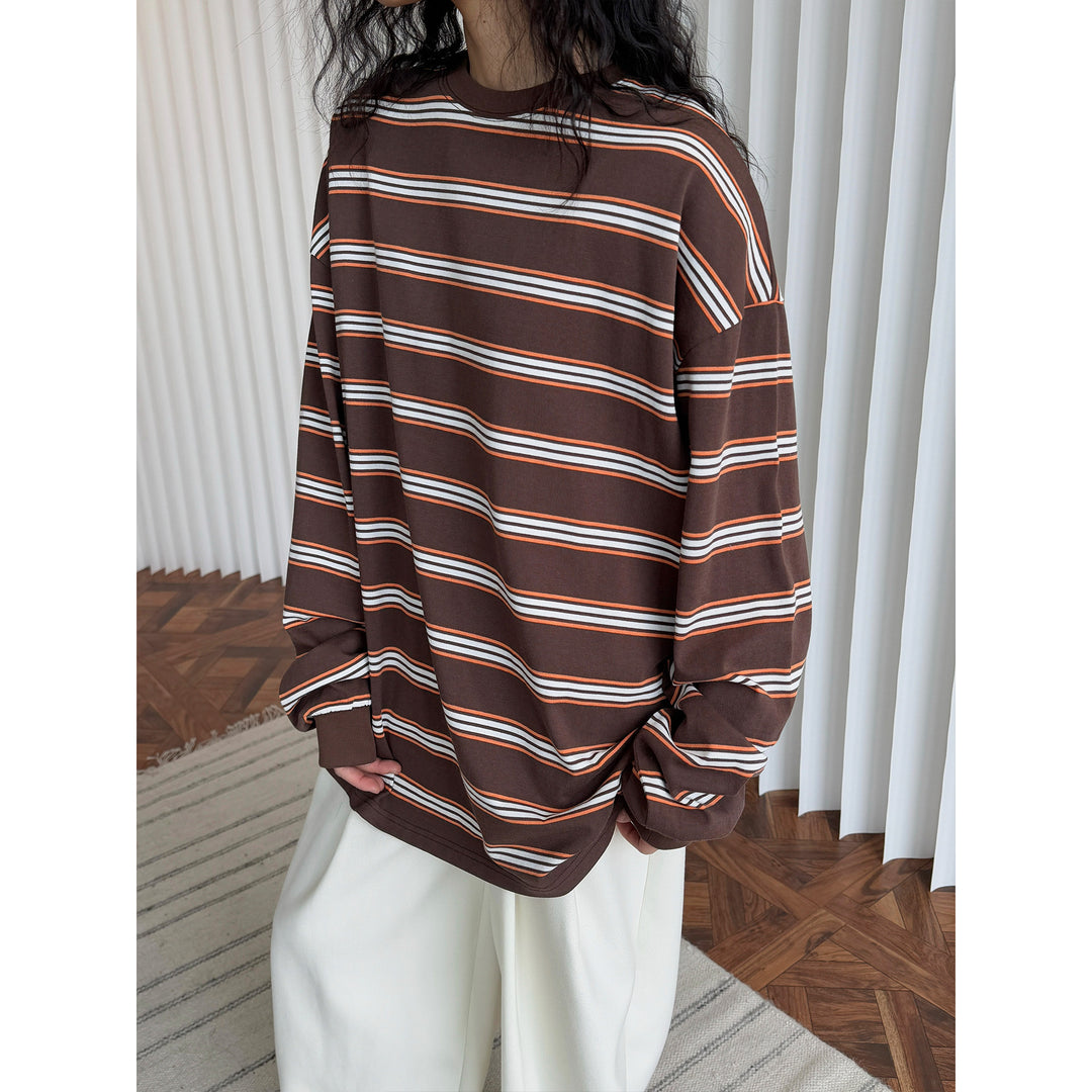 Damen Oversize-gestreiftes Baumwolljersey-Longsleeve mit überschnittener Schulter Echoarchiv