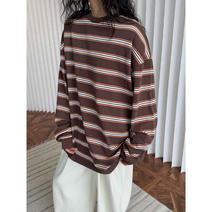 Damen Oversize-gestreiftes Baumwolljersey-Longsleeve mit überschnittener Schulter Echoarchiv