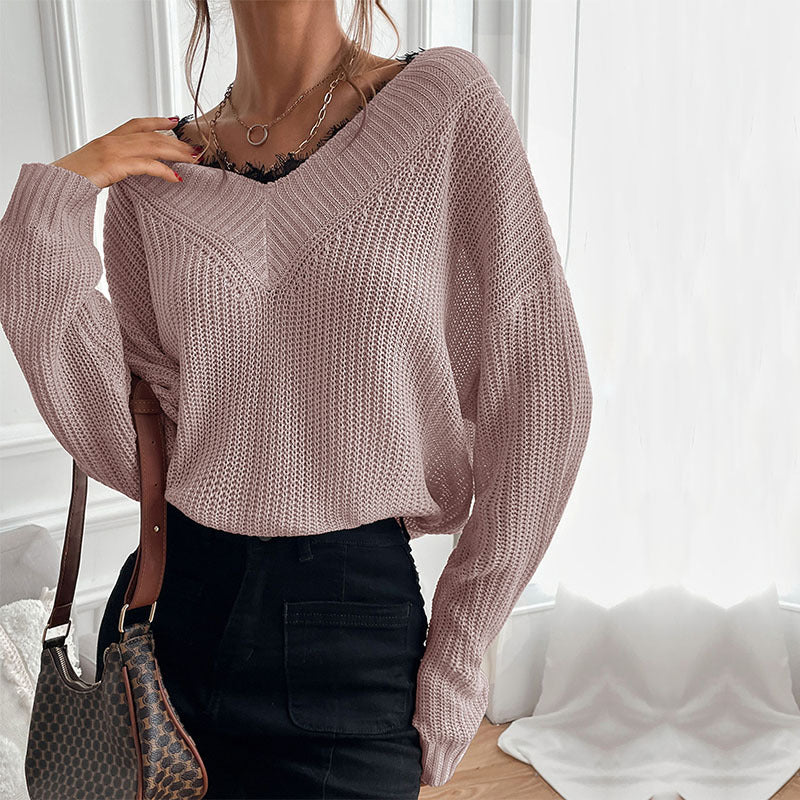 Damen Eleganter Strickpullover mit V-Ausschnitt und großem Muster Echo Archiv