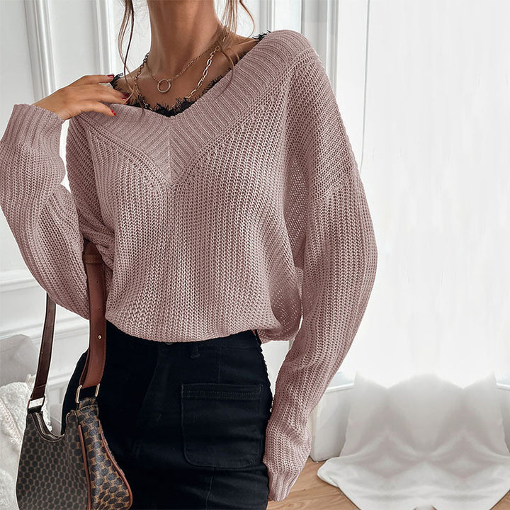 Damen Eleganter Strickpullover mit V-Ausschnitt und großem Muster Echo Archiv