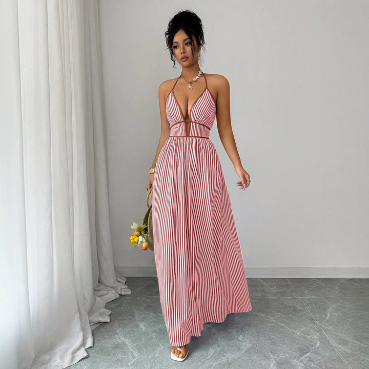 Damen Gestreiftes Neckholder-Maxikleid mit tiefem V-Ausschnitt und Taillen-Cut-Out – Valéora