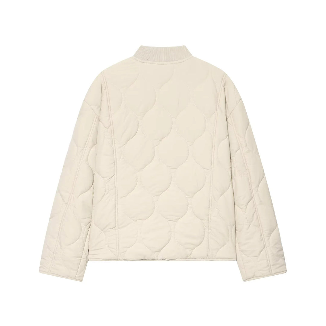 Damen wattierte Steppjacke mit kastiger Silhouette, geripptem Stehkragen und aufgesetzten Pattentaschen – Célinea