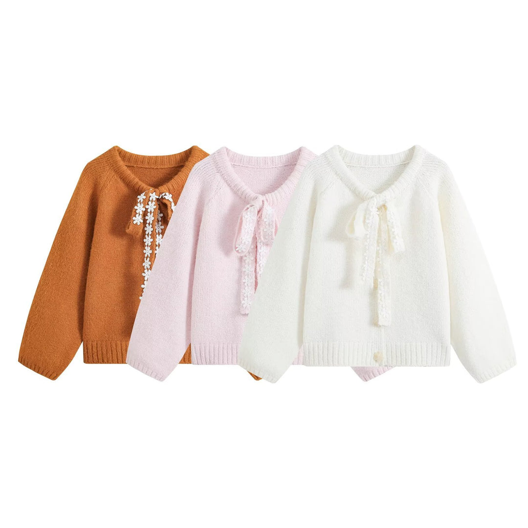 Damen Flauschige Strickjacke mit Spitzenband-Bindung Echo Archiv