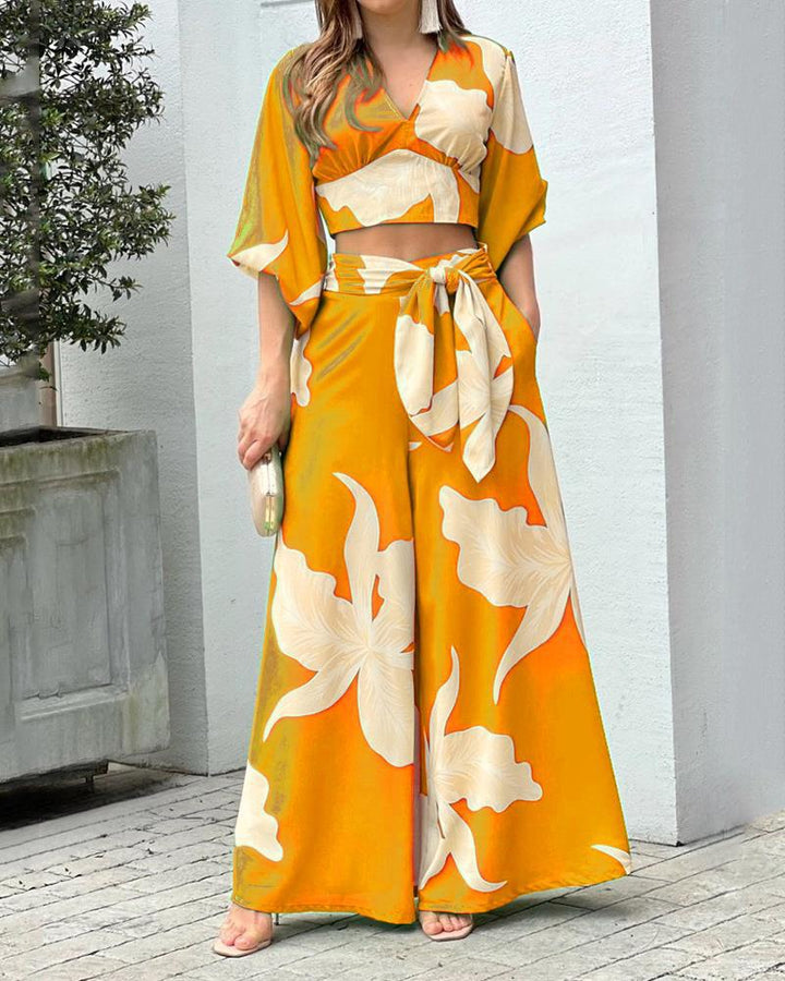 Damen Zwei-Teiler Sommer Set mit Wickel-Crop-Top und Hochtaillierten Palazzo-Hosen EB – Élanora