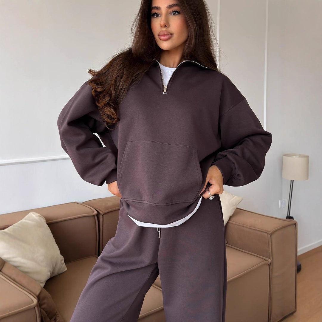 Damen nan weites Halfzip-Lounge-Set mit Kapuzenpullover, Kängurutasche und fließender Wide-Leg-Hose Echo Archiv