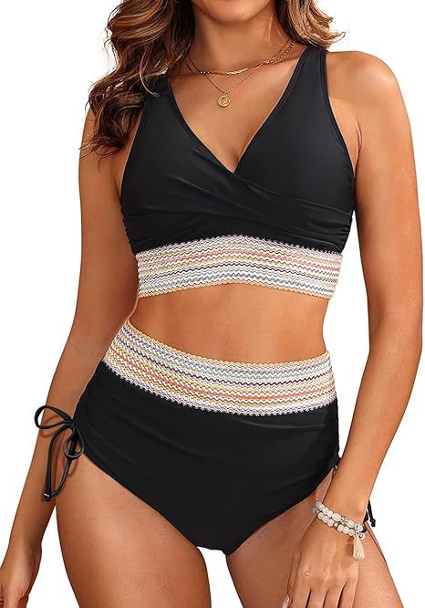 Damen Hochgeschnittener Bikini mit Eleganter Wickeloptik und Dekorativem Bund Echoarchiv