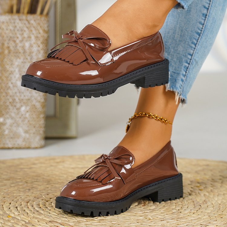 Damen Glänzende Mokassin-Loafer mit Fransen-Quaste und rutschfester Profilsohle – Lioré