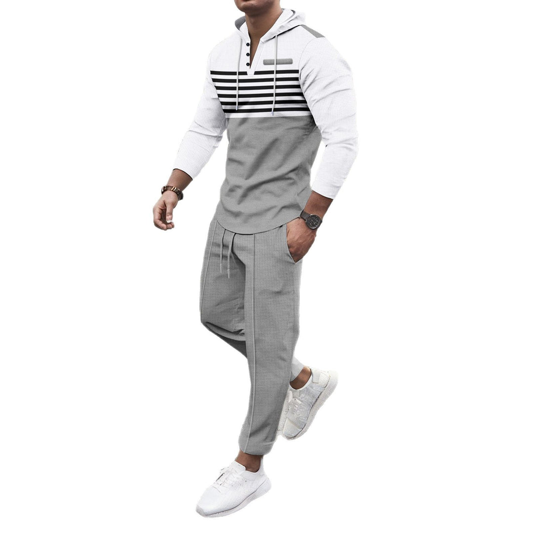 Herren nan Henley-Kapuzen-Lounge-Set mit Streifenpasse, Halbknopfleiste und konischer Jogginghose Echo Archiv