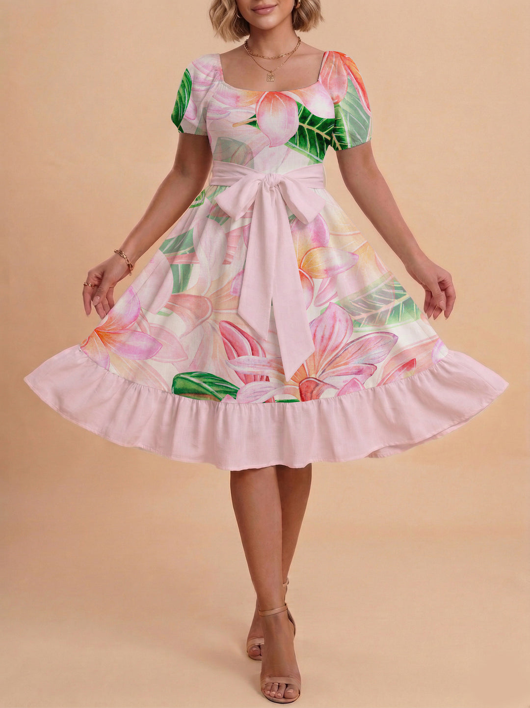 Damen Sommerkleid mit floralem Puffärmel und taillierbarem Gürtel Echo Archiv