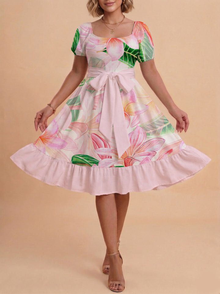 Damen Sommerkleid mit floralem Puffärmel und taillierbarem Gürtel Echo Archiv