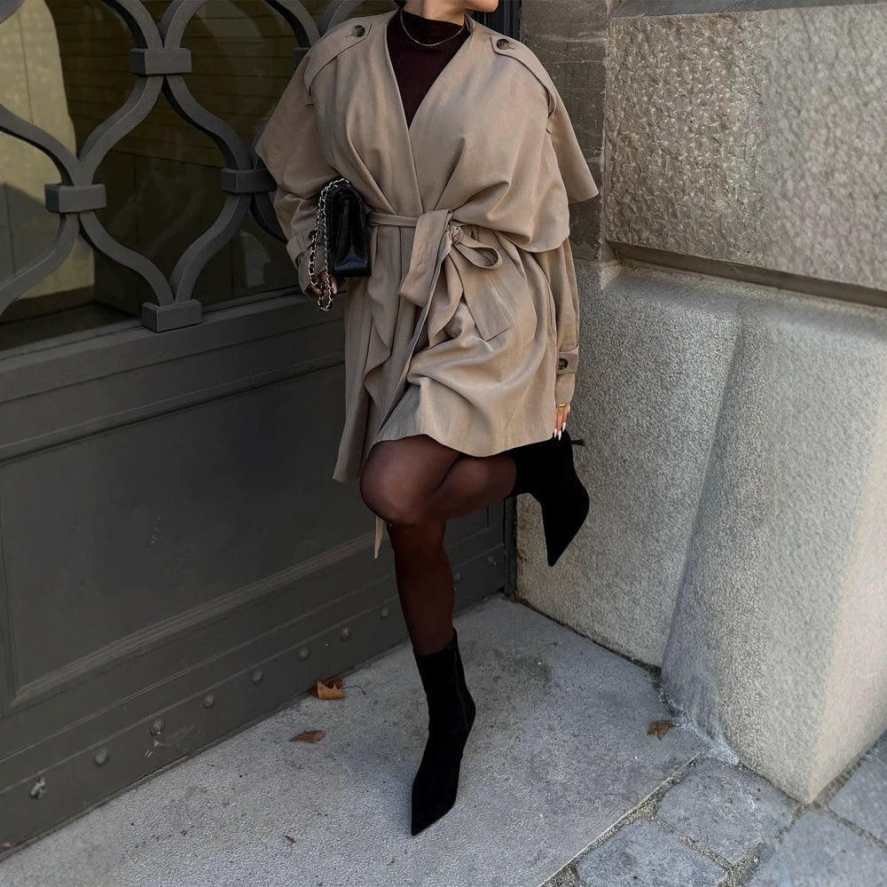 Damen Kurzer Asymmetrischer Wickelmantel mit Volant-Overlay und Bindegürtel Echoarchiv