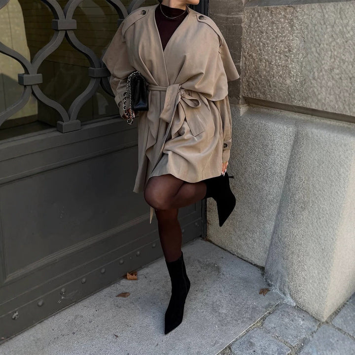Damen Kurzer Asymmetrischer Wickelmantel mit Volant-Overlay und Bindegürtel Echoarchiv