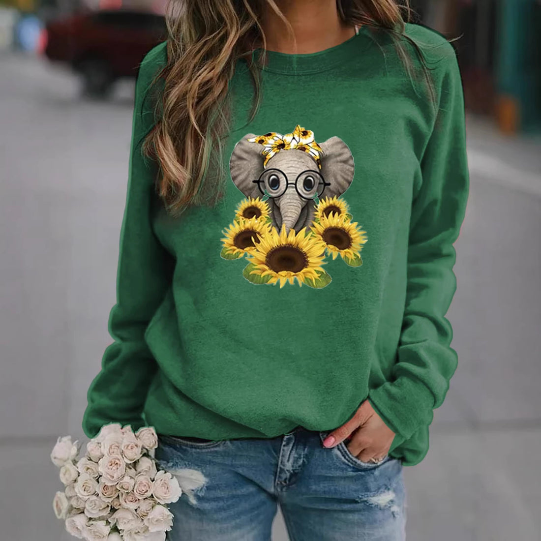 Damen-Sweatshirt mit Elefantenprint, Sonnenblumenmotiv und weichem Fleece – Mavelle