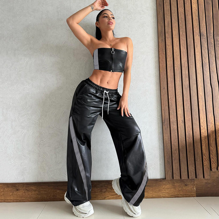 Damen nan weite Kunstleder-Trackpants mit elastischem Bund, Tunnelzug und seitlichen Streifen Echo Archiv