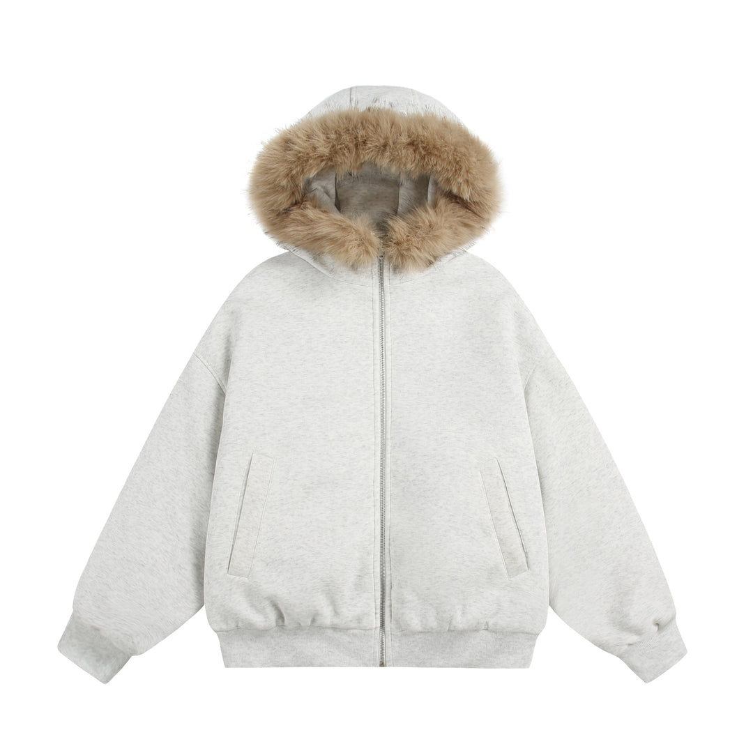 Damen Kurzboxy Kapuzenblouson aus French‑Terry mit voluminöser Kunstfellkante Echoarchiv