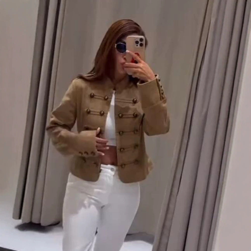 Damen Taillierte Militärjacke aus Wollmischung mit Stehkragen und doppelter Knopfreihe Echoarchiv