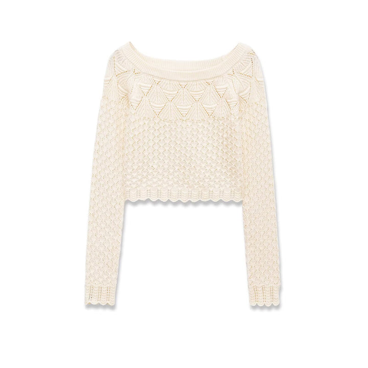 Damen Gestricktes Cropped-Feinstrickoberteil mit Lochmuster und U-Boot-Ausschnitt Echoarchiv