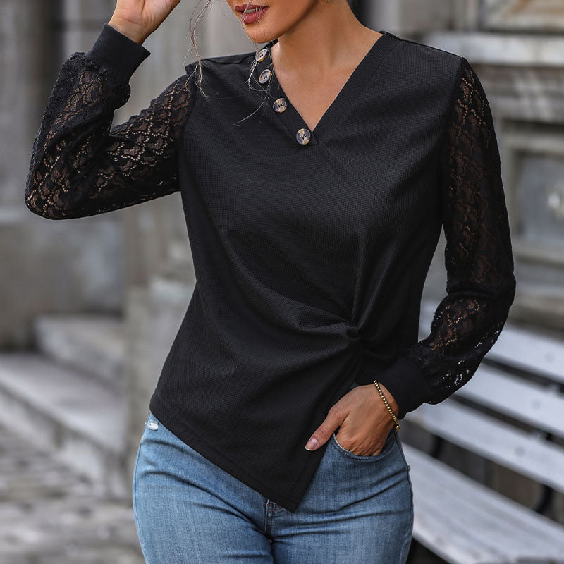 Damen V-Ausschnitt Blusenshirt mit Spitzenärmeln, asymmetrischer Knopfleiste und Knotenfront Echoarchiv