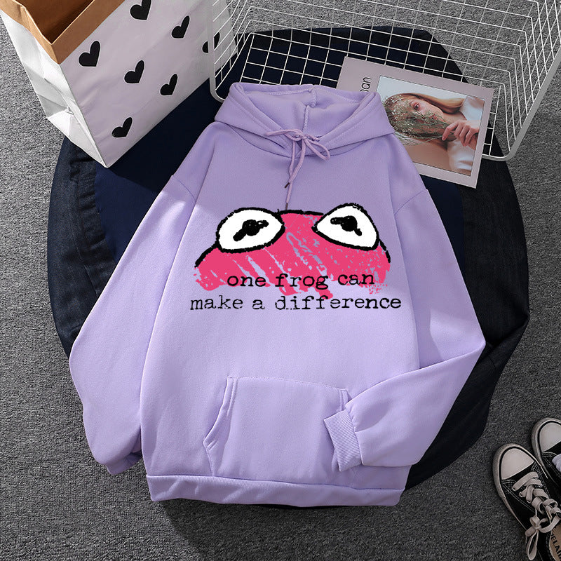 Damen relaxed-fit Kapuzenpullover mit gestempelter Froschgrafik, Kängurutasche und Kordelzug – Auréline