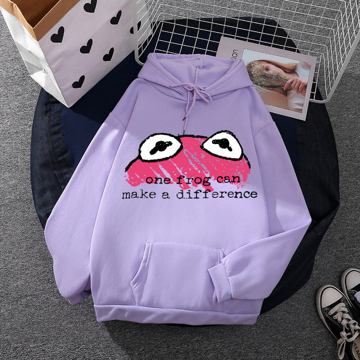Damen relaxed-fit Kapuzenpullover mit gestempelter Froschgrafik, Kängurutasche und Kordelzug – Auréline