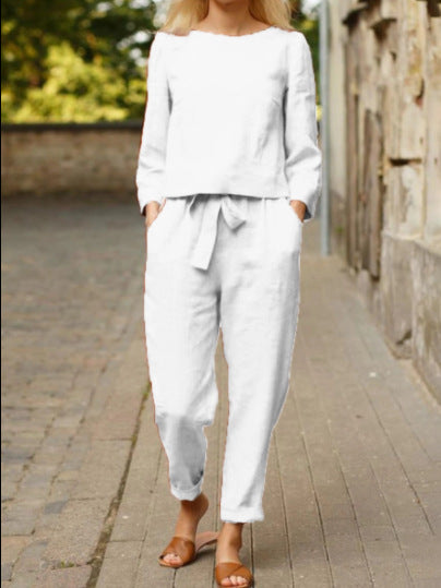 Damen Lässiges Leinen-Loungewear-Set mit Rundhalsausschnitt, Bindegürtel und knöchellanger Hose – Élanora