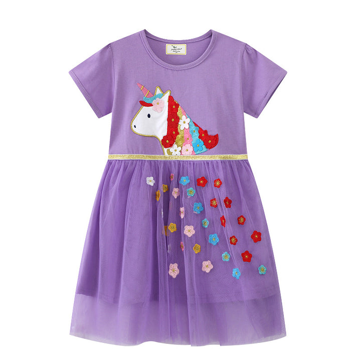 Mädchen Tüllkleid mit bunten Einhorn- und Blumenapplikationen Echo Archiv