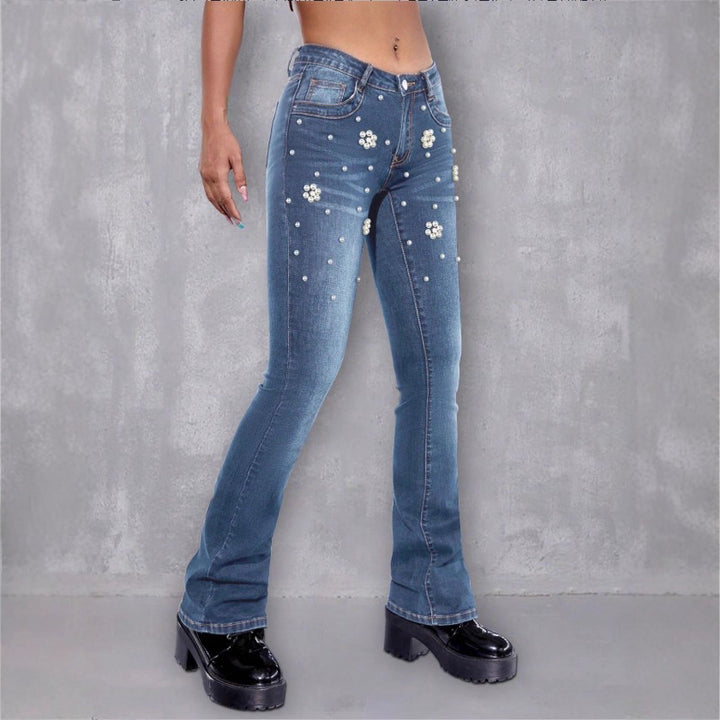 Damen schmale Bootcut-Jeans mit Perlen- und Blumenapplikationen Echo Archiv