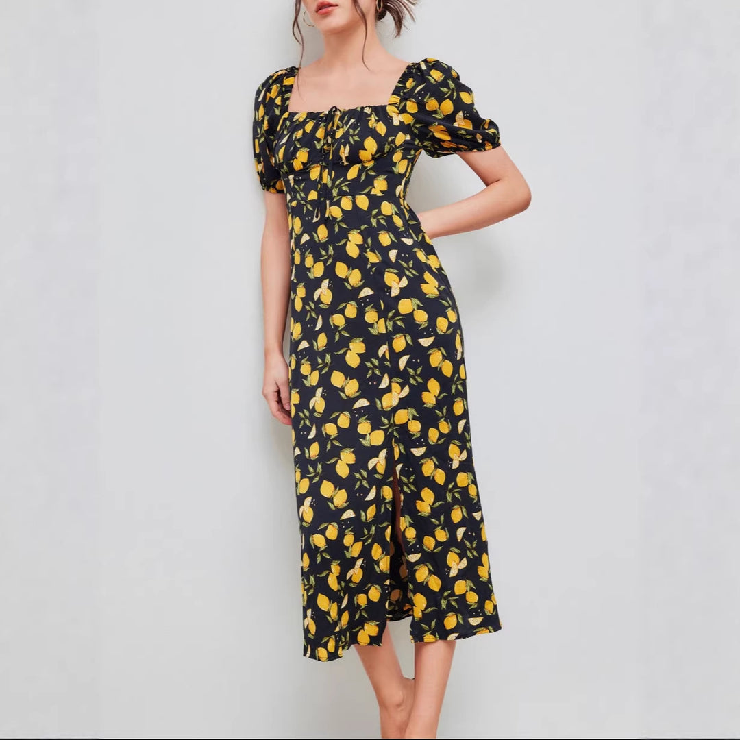 Damen Maxikleid mit pflanzlichem Muster und raffiniertem Schlitz Echo Archiv
