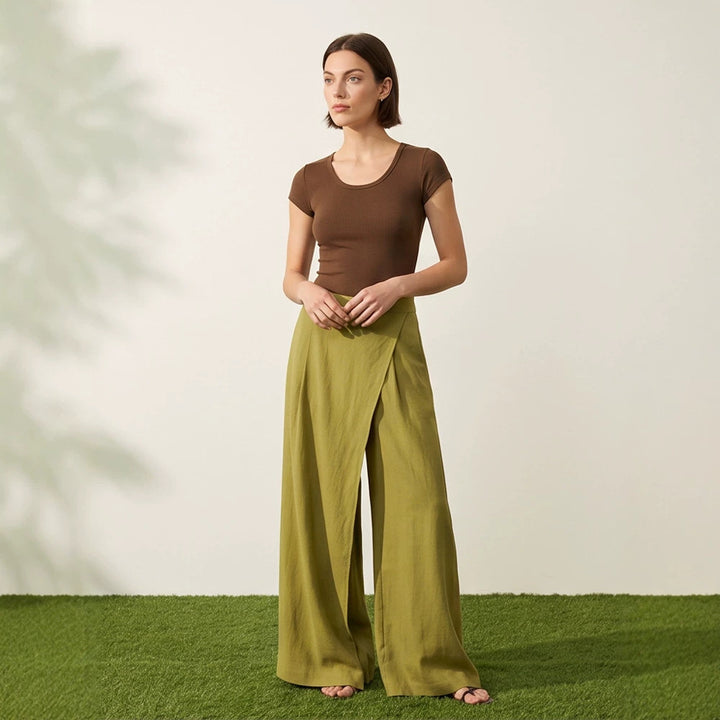 Damen High‑Waist Wickel‑Palazzohose mit weitem Bein und fließender Leinenoptik Echoarchiv