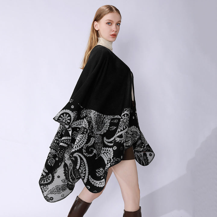 Damen Reversibler Jacquard-Capeponcho aus Wollmix mit Paisley-Motiv und offenem Fall – Montévia