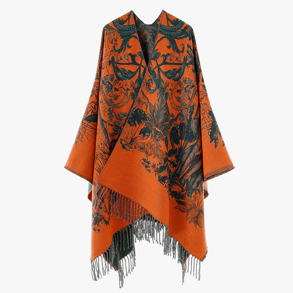 Damen Ornamentaler Jacquard‑Überwurf im Cape‑Stil mit Fransensaum – Avérine