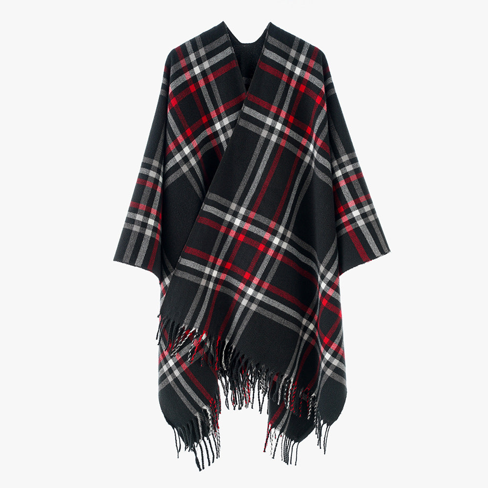 Damen Karierter Oversize-Überwurfponcho mit V-Ausschnitt und Fransensaum – Avérine