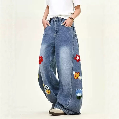 Damen Weitgeschnittene Blumen-Applikationen Jeans Echoarchiv
