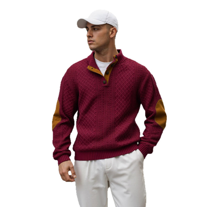 Herren Troyer-Pullover mit Stehkragen, strukturierter Strickoptik und Kontrast-Ellbogenpatches Echoarchiv