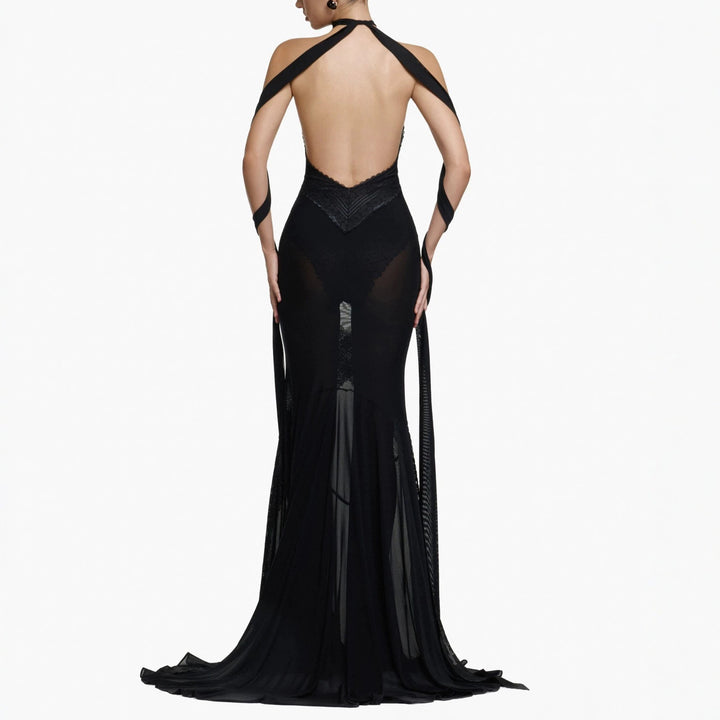 Damen Glamouröses Langarmkleid mit transparenten Einsätzen und raffinierten Drapierungen Echo Archiv